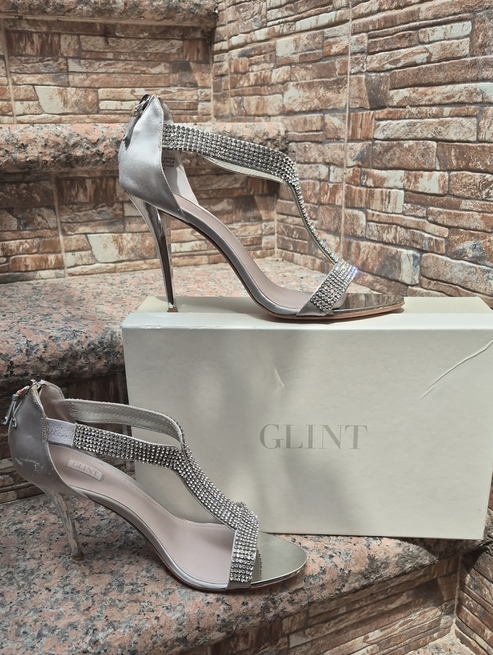 Glint Silver Crystal-Embellished T-Strap Stiletto Heels